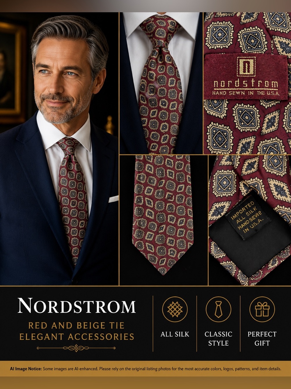 Nordstrom Red and Beige Tie Elegant Accessories